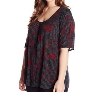 Lucky Brand Houndstooth Top Womens Large Gray Red Paisley Embroidery Peasant